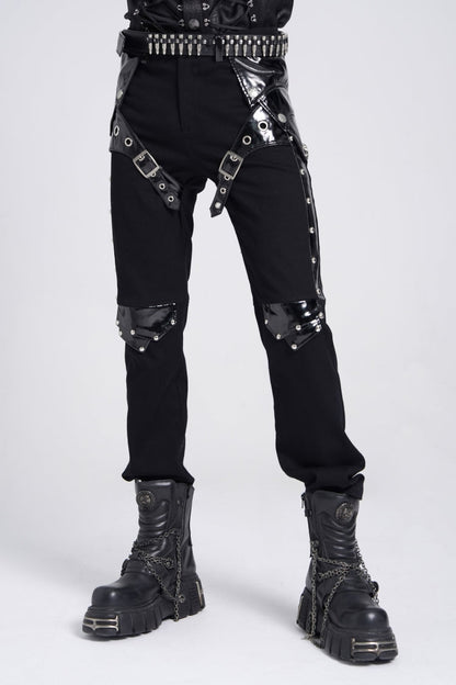 Black Armor Patent Leather Stitching Men's Punk Pants