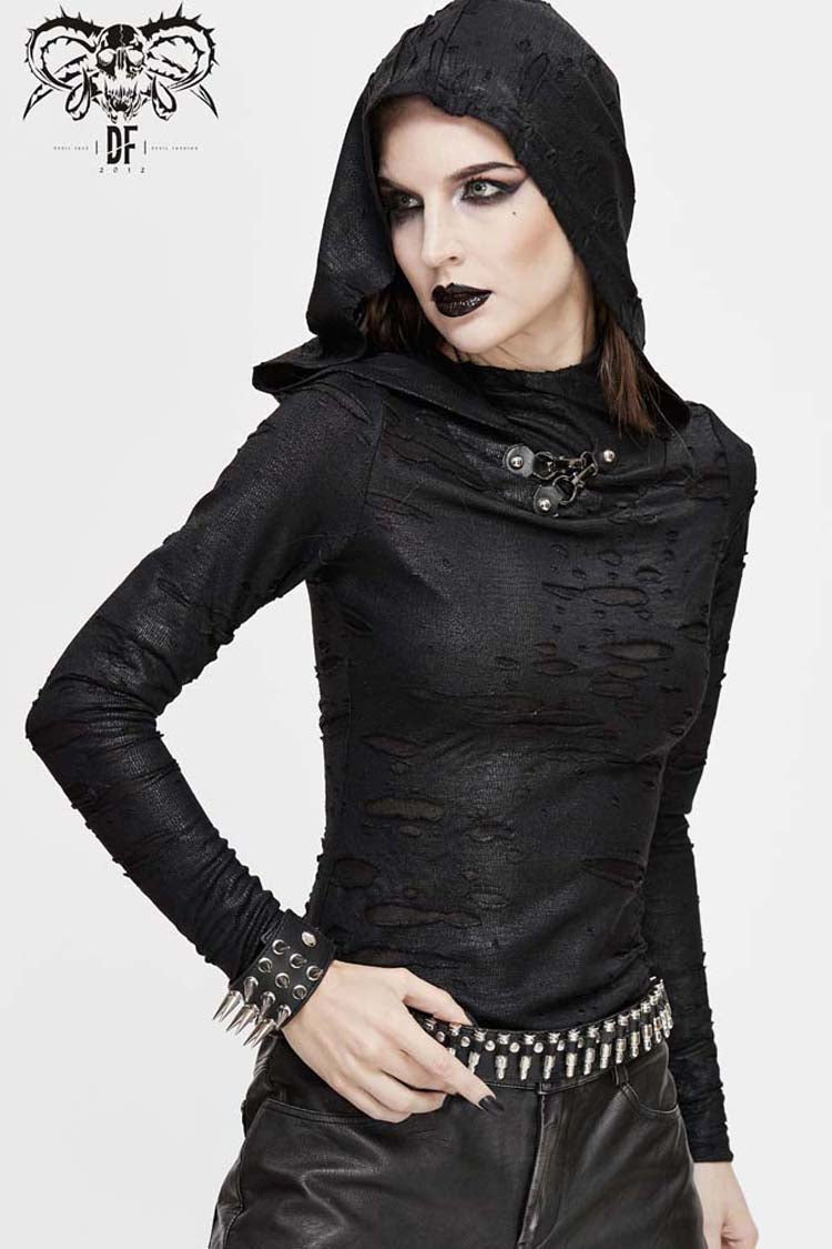 Black Hooded Snakeskin Ripped Pattern Triangle Metal Nail Asymmetrical Women's Punk Shirt