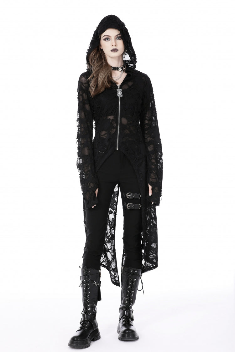 Black Long Sleeves Split Ripped Zippered Women's Punk Long Coat with Hood
