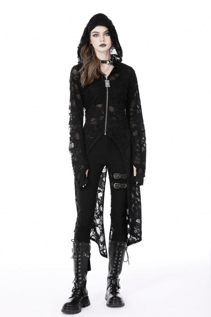 Black Long Sleeves Split Ripped Zippered Women's Punk Long Coat with Hood