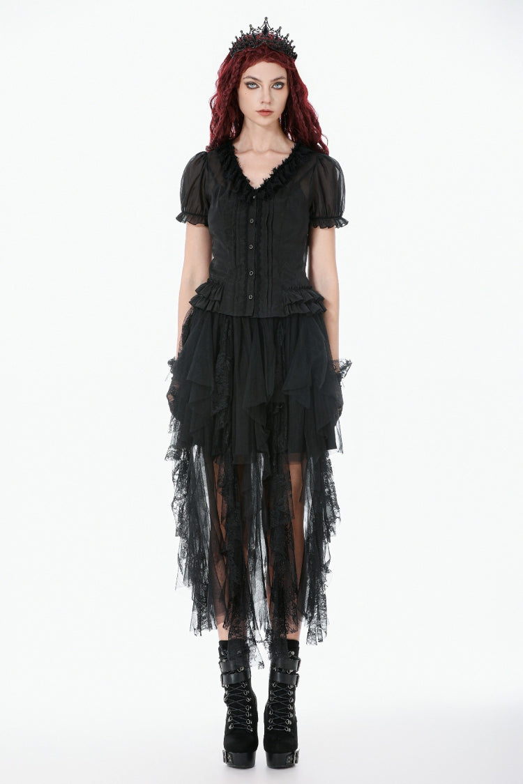 Black Deep V Collar Short Puff Sleeves Multi-Layered Ruffled Lace Sheer Women's Gothic Blouse