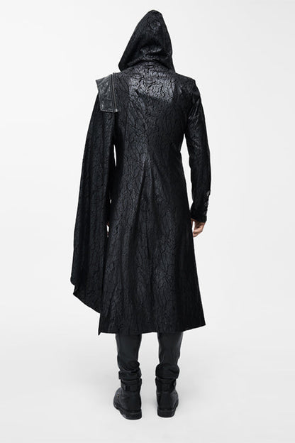 Black Hooded One Side Shawl Style Mens Leather Long Punk Coat
