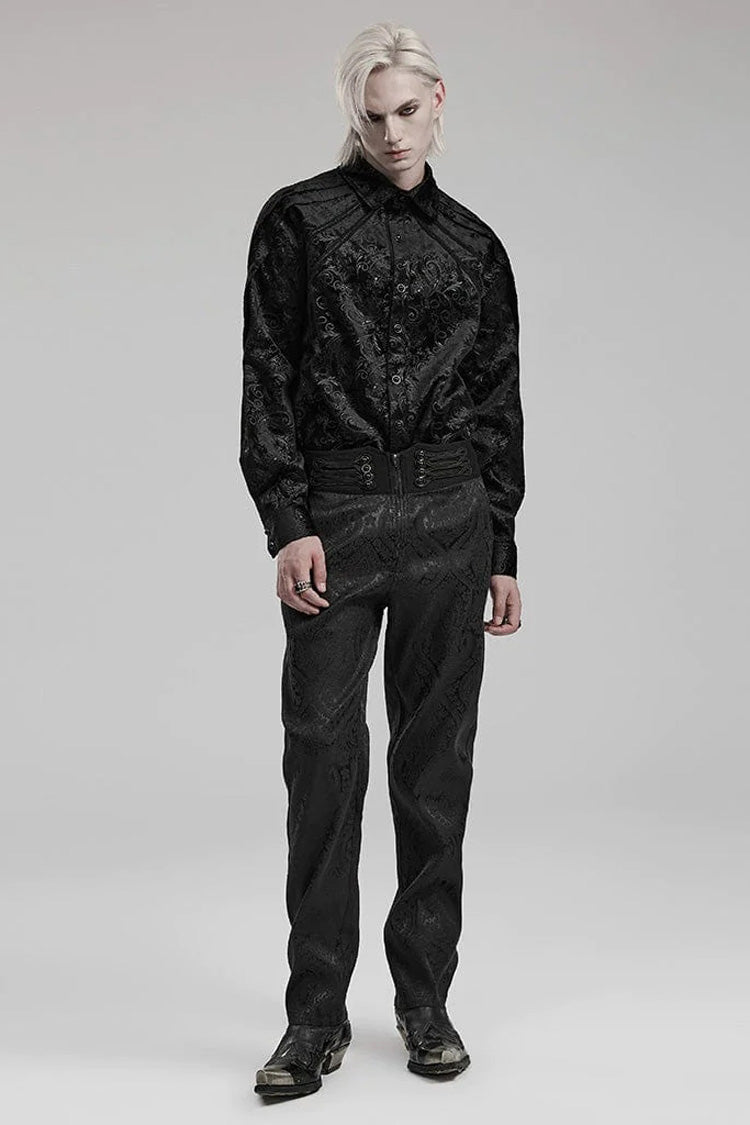 Black Long Sleeves Dark Pattern Print Webbing Decoration Mens Gothic Blouse