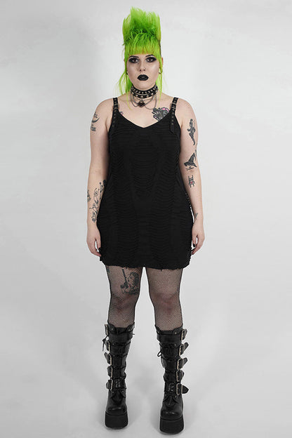 Black Metal Eyelets Strap Irregular Knit Plus Size Women's Punk Sling Dress