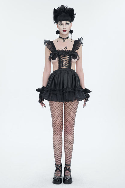 Black Glossy Sheer Ruffled Stretch Sexy Women's Gothic Maid Dress