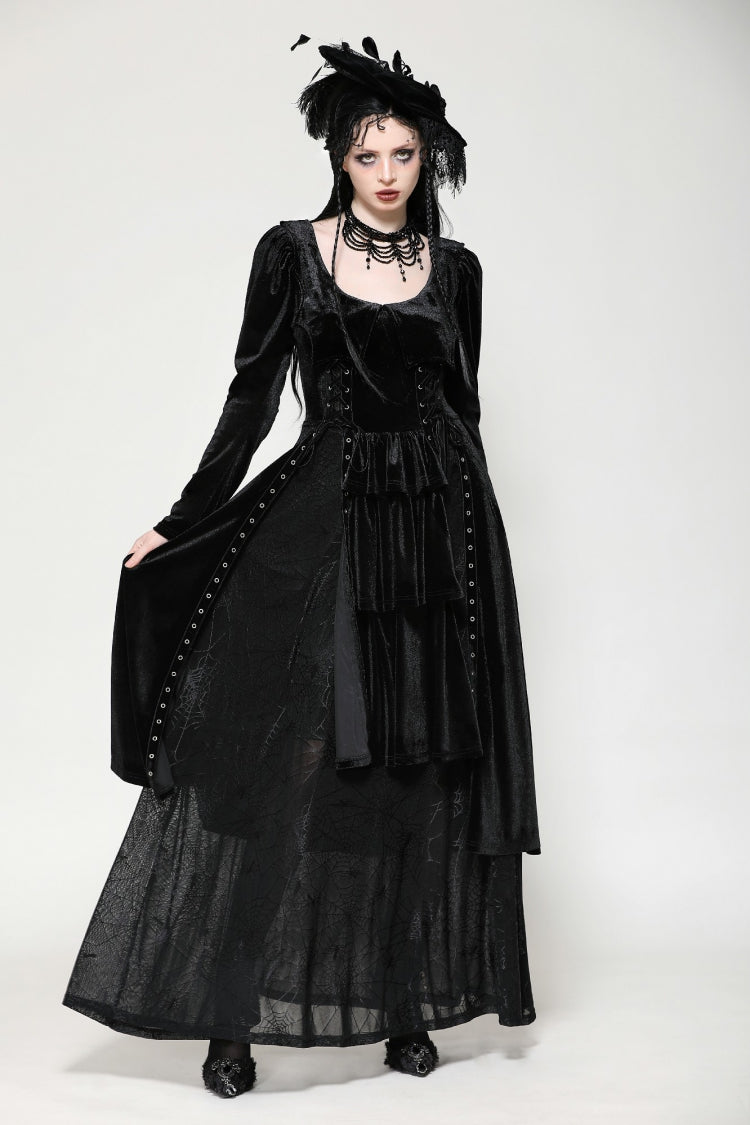 Black Long Sleeves Eyelets Side Slit Women's Gothic Maxi Dresses Wedding Dress