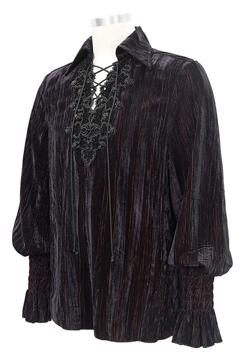 Black And Red Velvet Lantern Sleeves Loose Mens Gothic Blouse