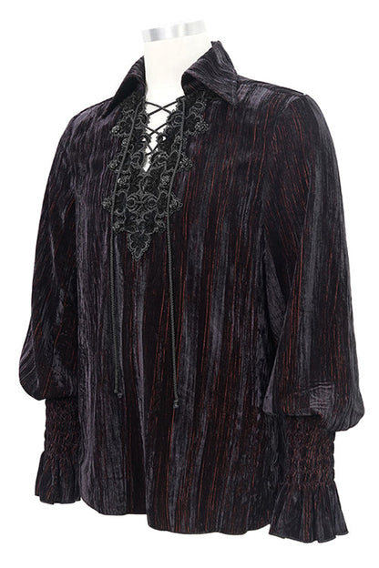 Black And Red Velvet Lantern Sleeves Loose Mens Gothic Blouse