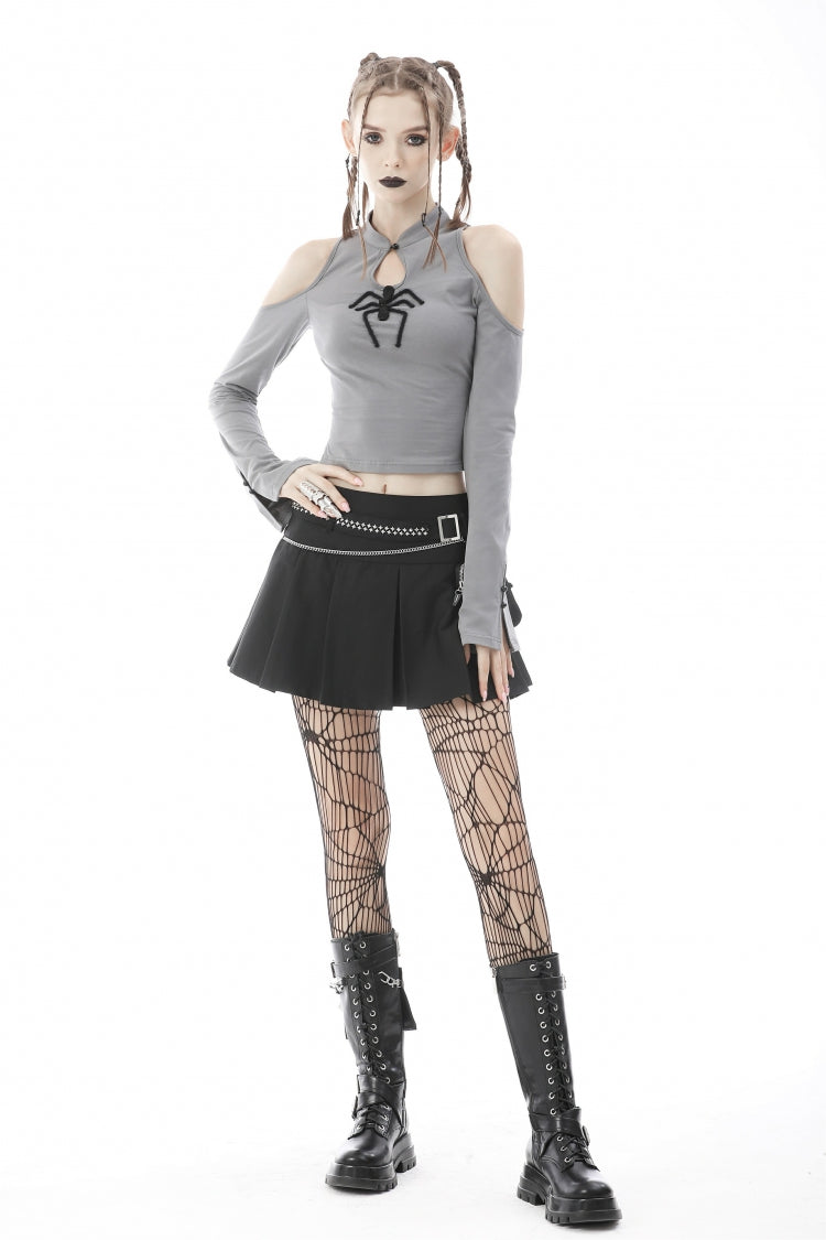 Black Pleated Big-pocket Chain-Decorated Women's Punk Mini Skirt with Belt