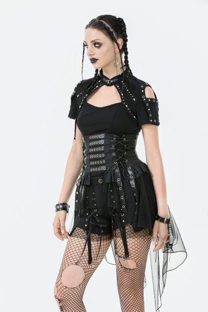 Black High Waisted Lace-Up High/low Mesh Women's Punk Skirt