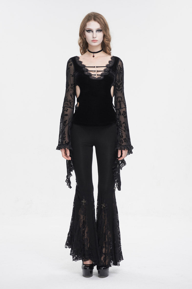 Black Plunging Flared Sleeved Mesh Splice Women's Punk Shirt