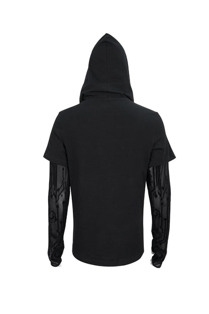 Black Paneled Mesh Long Sleeve Super High Collar Masked Circuit Diagram Printed Hooded Knitted Men's Punk T-Shirt
