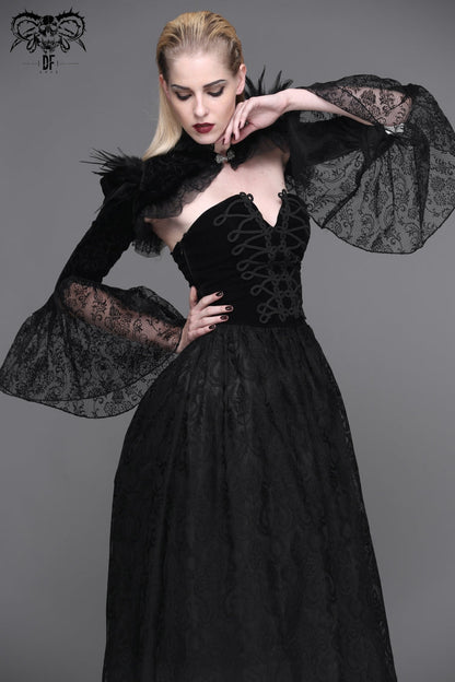 Black High Collar Long Trumpet Sleeves Printed Lace Pleated Women's Vintage Punk Jacket