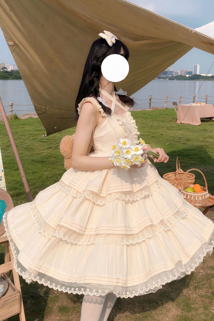 Apricot First Love Triple-Layered Ruffle Bowknot Lace Sweet Lolita Jsk Dress