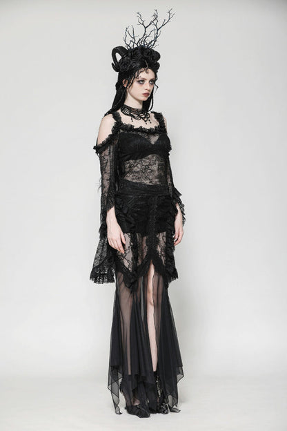 Black Lace-Up Mesh Spliced Lace Women's Gothic Fishtailed Skirt