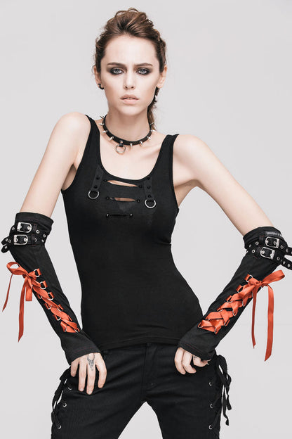 Black Burnt Out Hole Resin Spike Metal Ring Sleeveless Women's Punk Vest