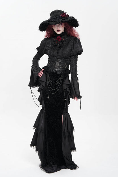 Black Floral Print Lace-Up Rose Chain Women's Gothic Fishtail Skirt