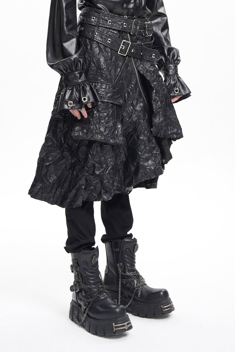 Black Faux Leather Buckle Ring Eyelets Men's Gothic Skirt