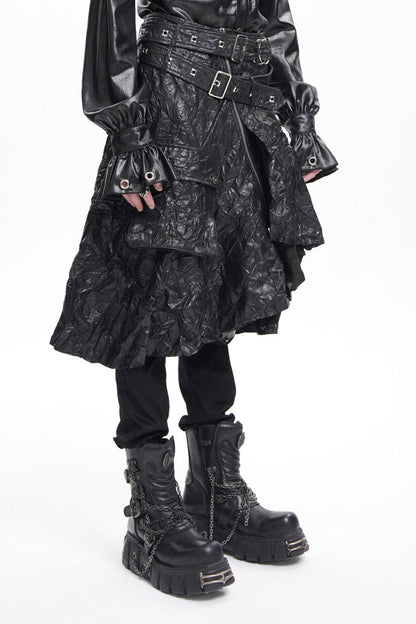 Black Faux Leather Buckle Ring Eyelets Men's Gothic Skirt
