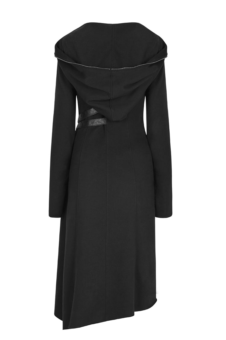 Black Long Sleeves Hooded Asymmetric Women's Gothic Military Coat With Belt