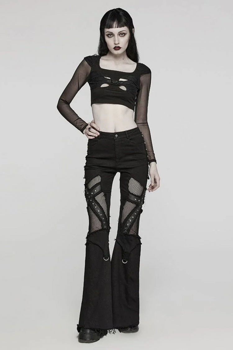 Black Long Sleeves Skull Buckle Decoration Hollow Sheer Womens Gothic Blouse