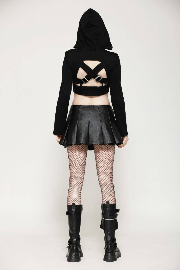 Black Low Waisted Buckle-Up Women's Punk PU Leather Pleated Mini Skirt