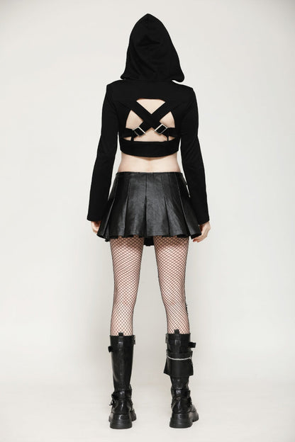 Black Low Waisted Buckle-Up Women's Punk PU Leather Pleated Mini Skirt