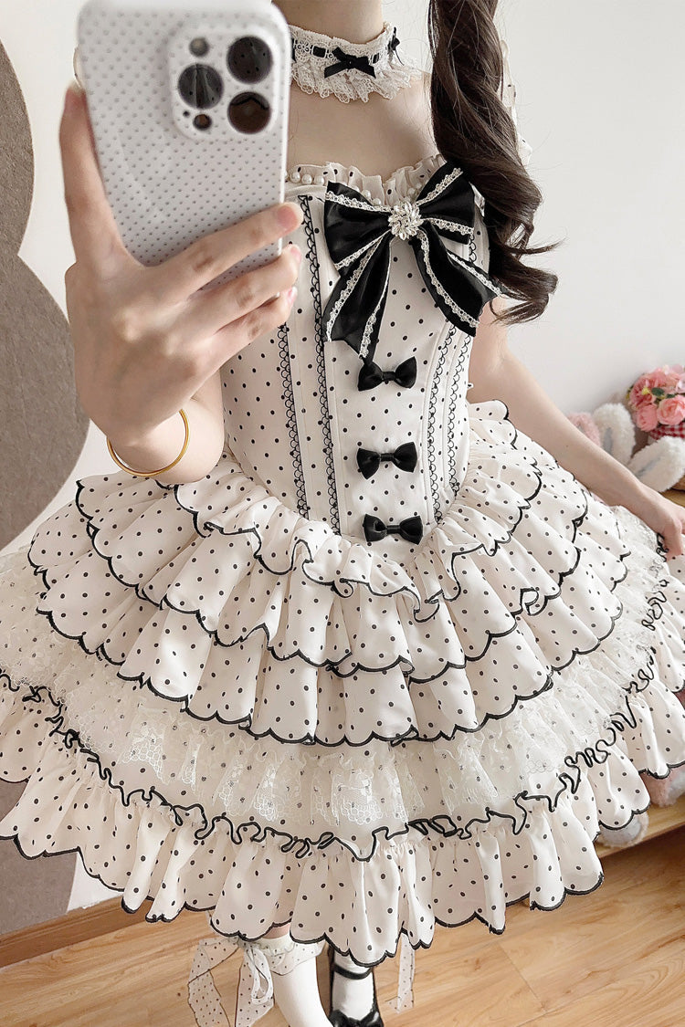Beige Sleeveless Multi-Layered Polka Dots Printed Ruffled Bow Sweet Princess Lolita Jsk Dress