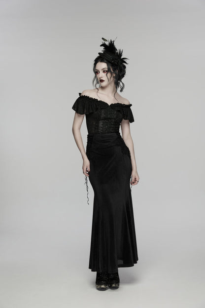 Black Embroidered Lace-Up Slim Women's Gothic Elegant Long Skirt