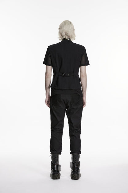 Black Cut-Out Lace-Up Slim Mesh Buckled Eyelet Men's Punk Handsome Vest