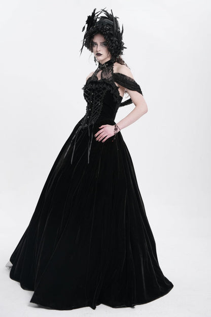 Black Off Shoulder Embroidery Lace Lace-Up Women's Gothic Gown Dress
