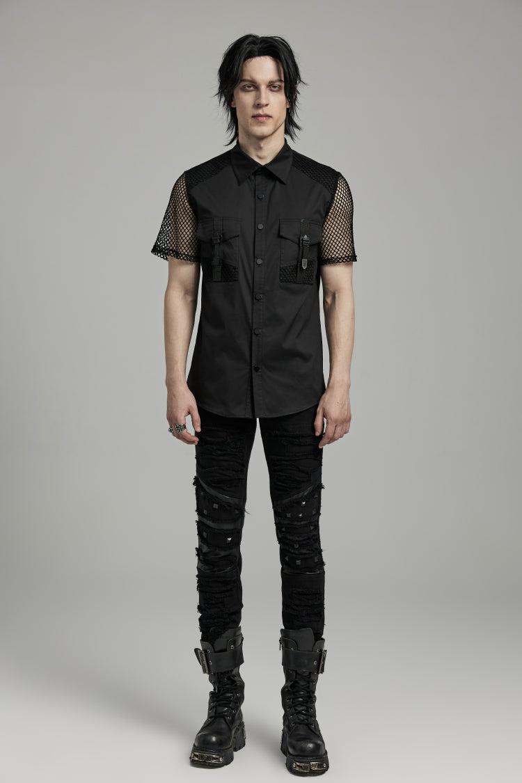 Black Lapel Collar Short Sleeves Mesh Stitching Men's Punk Blouse