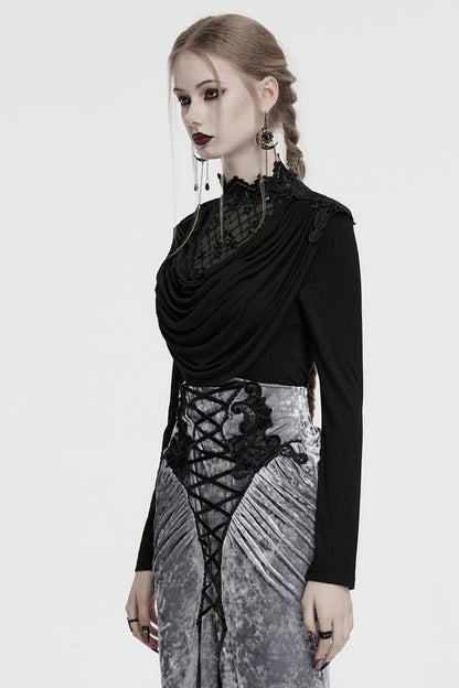 Black Long Sleeves Cowl Neck Stitching Lace Women's Gothic Blouse