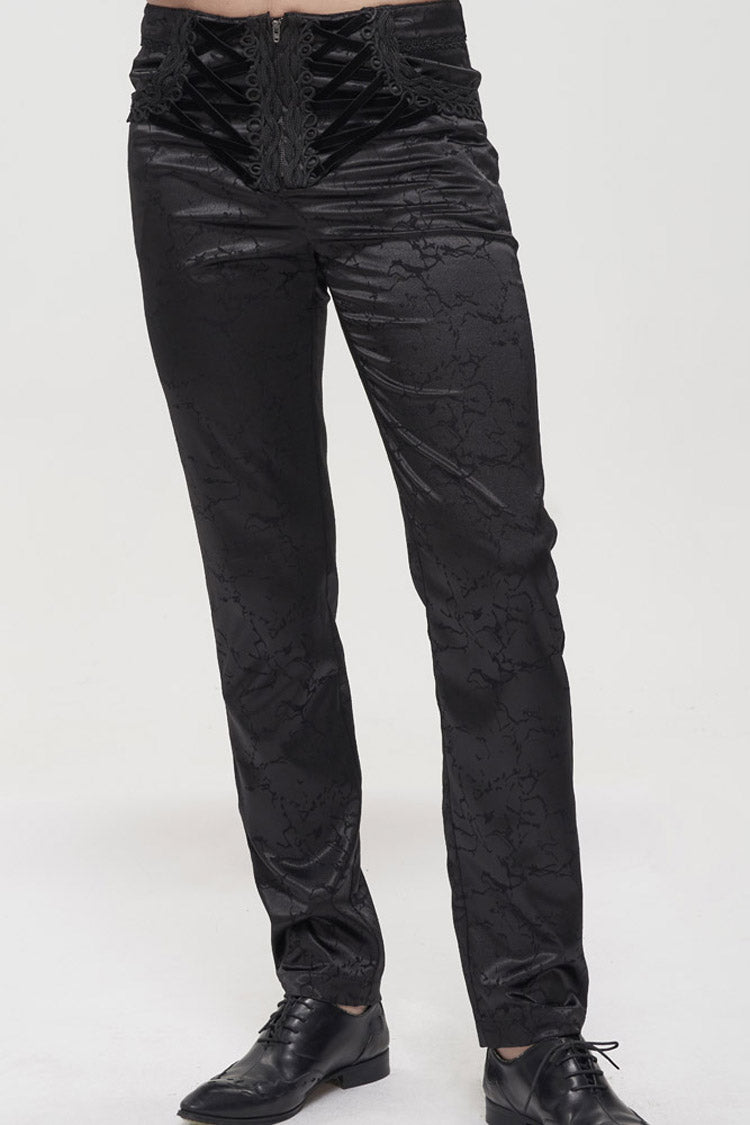 Black Gothic Glossy Pattern Drawstring Lace Decoration Men's Pants