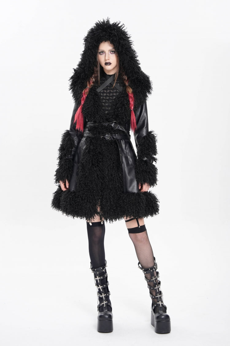 Black Long Sleeves Plush Stitching Buckle Hooded Straps Women's Punk Coat
