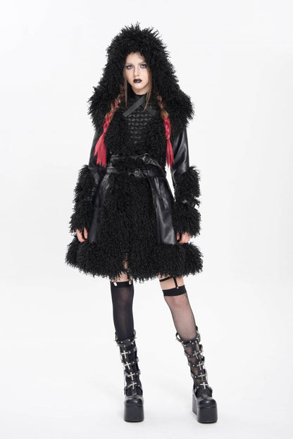 Black Long Sleeves Plush Stitching Buckle Hooded Straps Women's Punk Coat