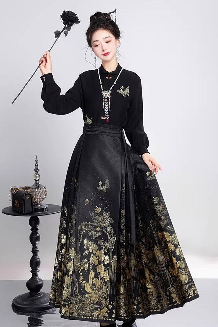 Black Long Sleeves High Waisted Printed Ruffled Foil-Stamped Gothic Hanfu Horse-face Skirt Set