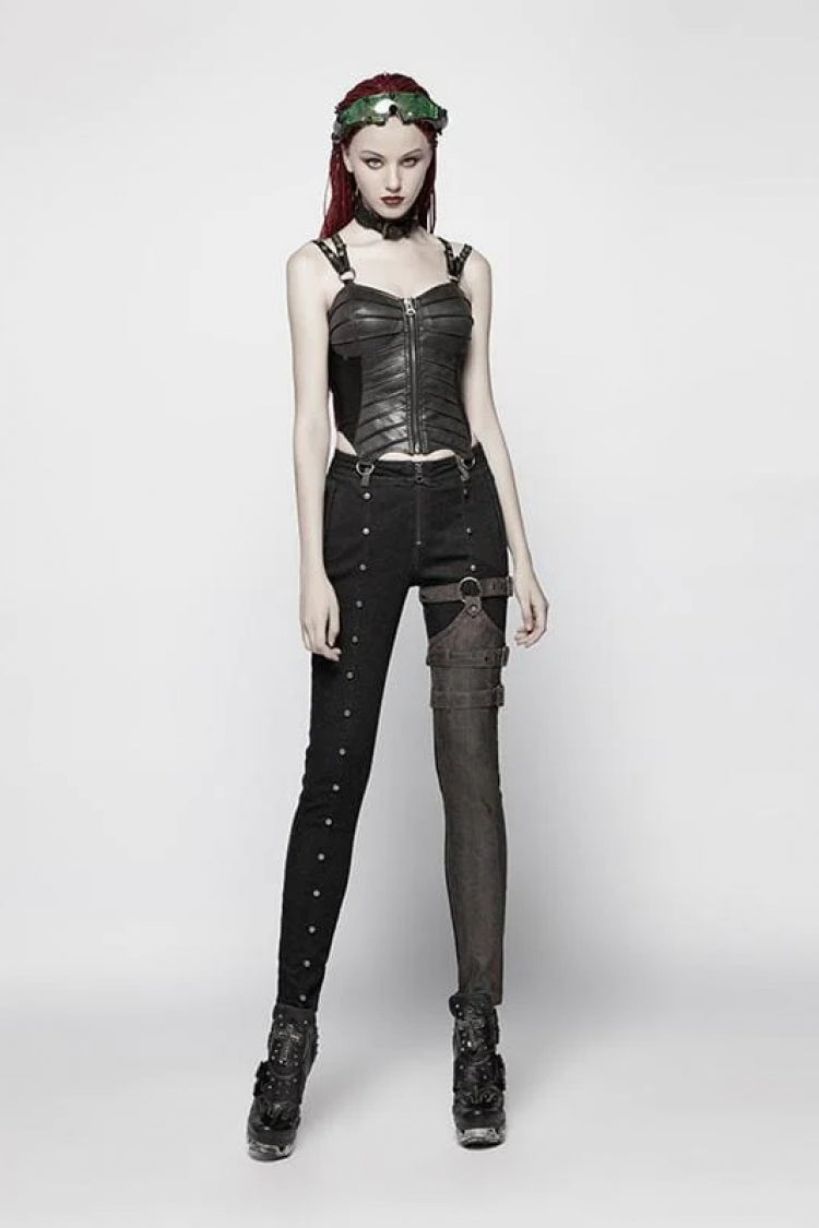 Black Faux Leather Strap Back Print Lace-Up Womens Steampunk Short Corset