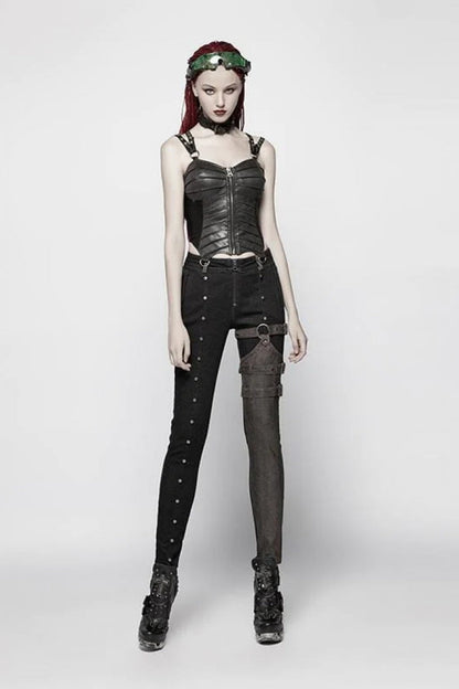 Black Faux Leather Strap Back Print Lace-Up Womens Steampunk Short Corset