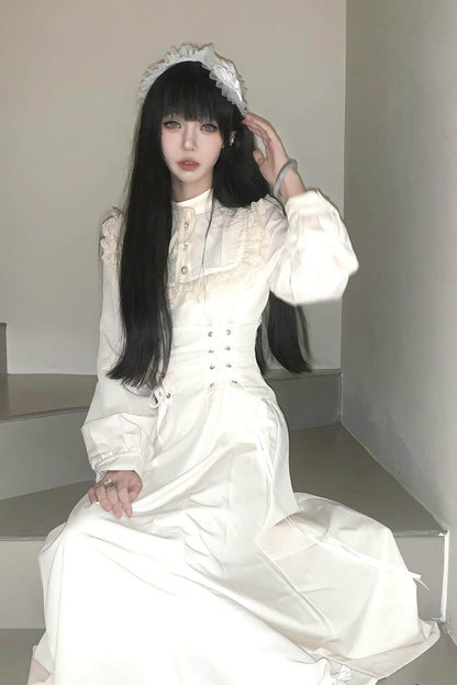 Apricot Stand Collar Long Sleeves Ruffled Lace-Up Mid-length Gothic Lolita Dress