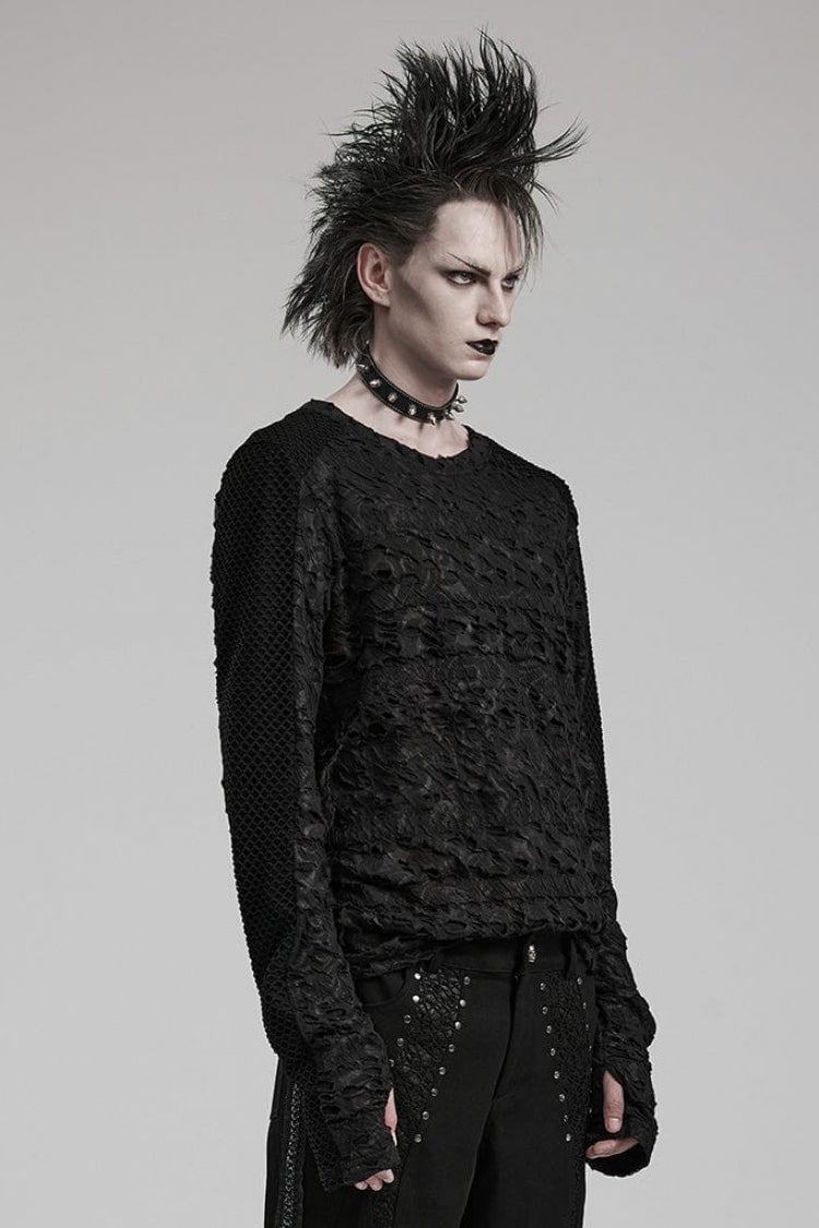 Black Long Sleeves Ripped Print Stitching Mens Gothic T-Shirt
