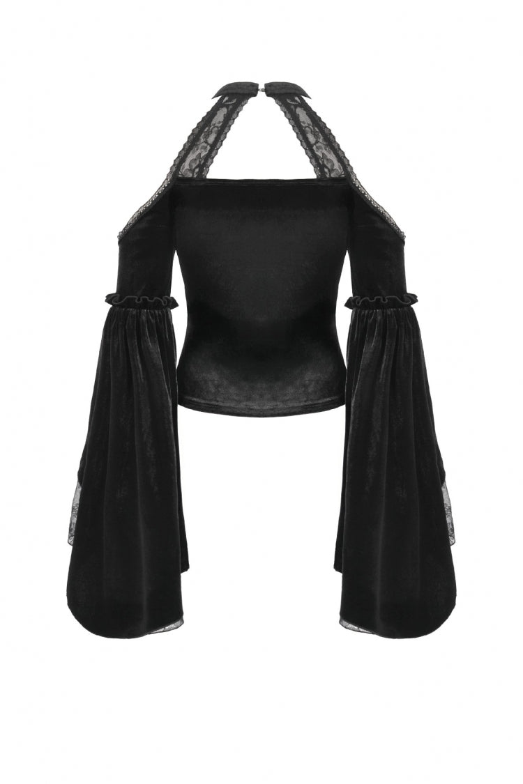 Black Off Shoulder Halterneck Long Trumpet Sleeves Cut-Out Lace Spliced Velvet Gothic Palace Top