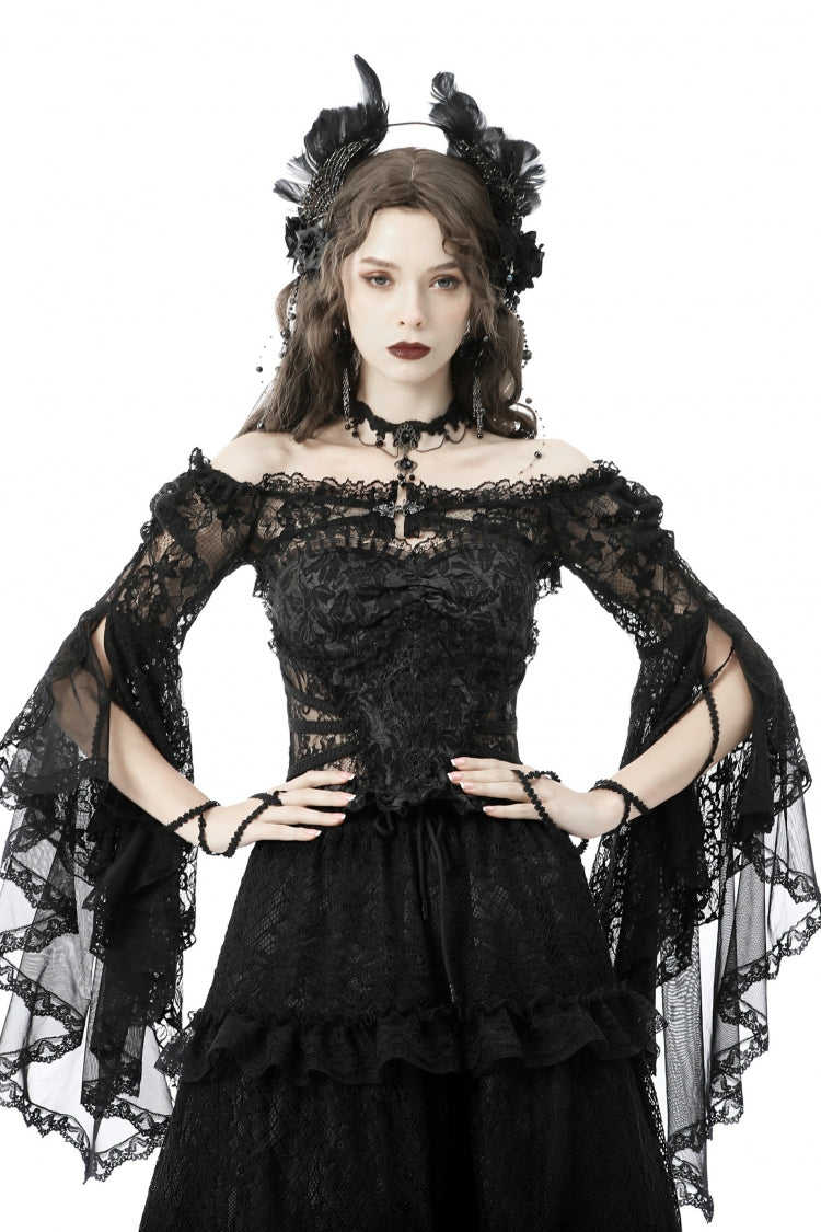Black Off Shoulder Lace Long Trumpet Sleeves Floral Mesh Women's Gothic Cape