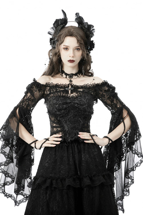 Black Off Shoulder Lace Long Trumpet Sleeves Floral Mesh Women's Gothic Cape