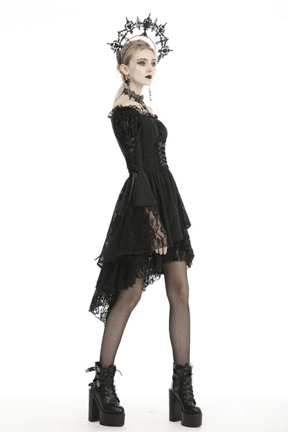 Black Off Shoulder Long Trumpet Puff Sleeves Lace-Up Strappy Mesh Women's Gothic Cocktail Dress