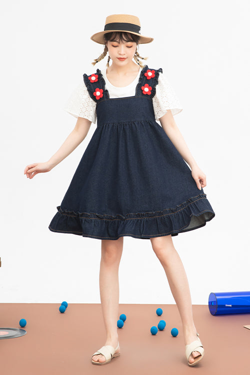 Black Denim Ruffled Strap With Flower Accessories High Waisted Sweet Lolita Strap Dress