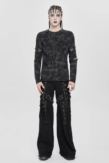 Black Long Sleeves Cutout Rivets Chain Men's Punk Blouse