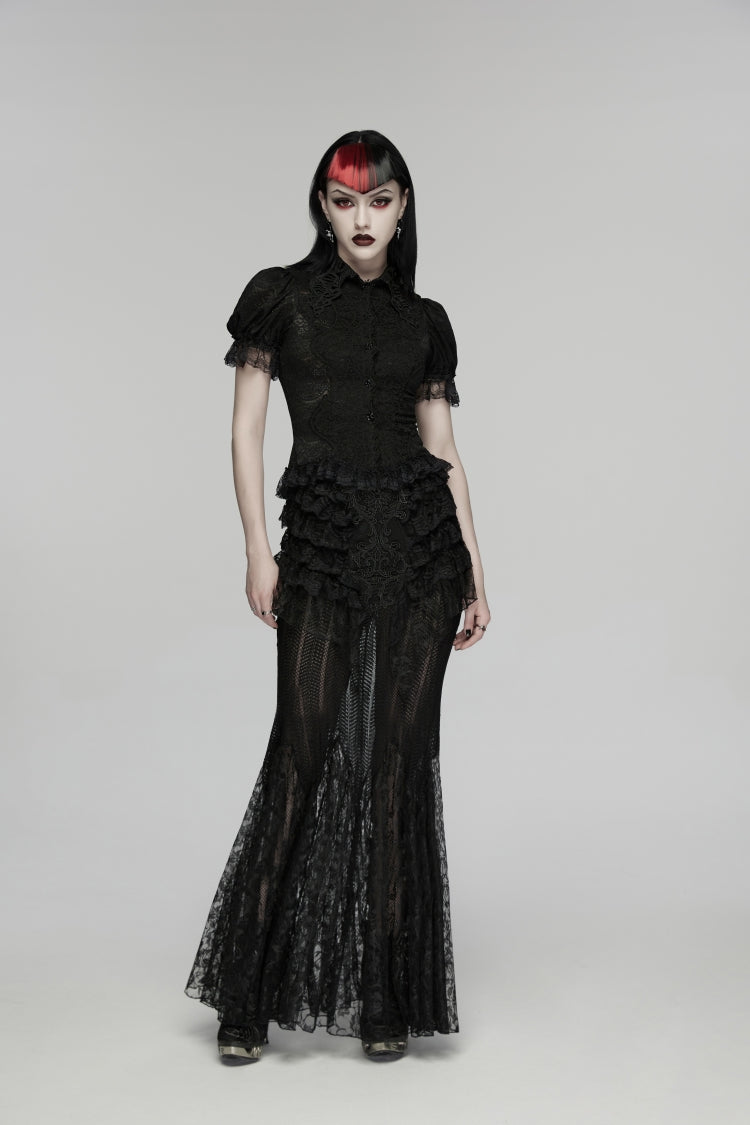 Black Embroidered Spliced Ruffled Lace Slim Mesh Women's Gothic  Mermaid Skirt