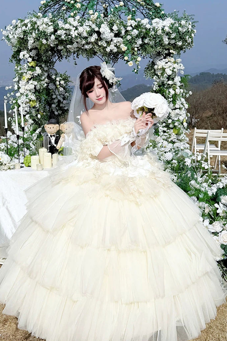 Apricot [Dream Confession] Sleeveless Triple-Layered Ruffled Hanayome Bow Lace Lace-Up Sweet Lolita Jsk Dress Long Version