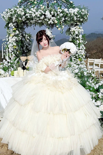 Apricot [Dream Confession] Sleeveless Triple-Layered Ruffled Hanayome Bow Lace Lace-Up Sweet Lolita Jsk Dress Long Version